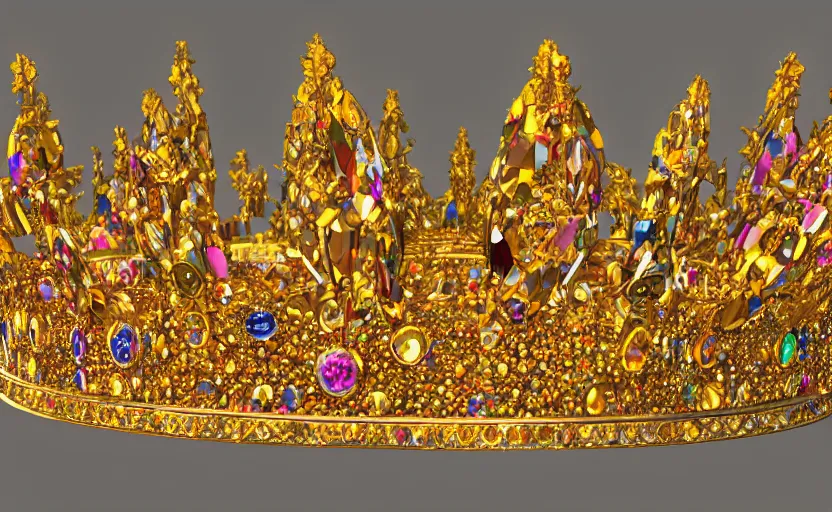 Image similar to Golden crown adorned with multicolored gems, hyperdetailed, artstation, cgsociety, golden hour 8k