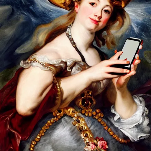 Image similar to heavenly summer sharp land sphere scallop well dressed lady taking a selfie with her iphone auslese, by peter paul rubens and eugene delacroix and karol bak, hyperrealism, digital illustration, fauvist, iphone