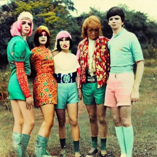 Prompt: 1 9 6 0 s photograph of a group of mixed gender hippies wearing peppermint themed outfits