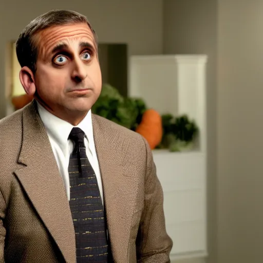 Image similar to steve carell as a carrot, high definition, still shot, office