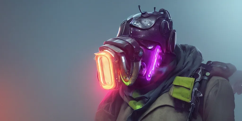 Prompt: a beautifully strange image of a gamekeeper wearing a dieselpunk mechanical fluorescent mystical animal mask. walking in the misty dangerous mountains. in style of fornite game. award winning. dramatic. trending on artstation. high quality. rendered by beeple, digital art, unreal engine 5, fornite game. octane render