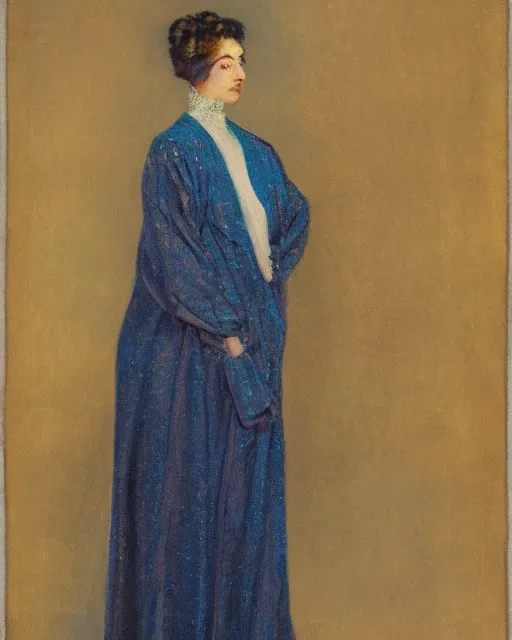 Prompt: an expensive portrait of a poised woman in metallic multicolored long structured robes, high collar, 1 9 1 0 s, muted blue background