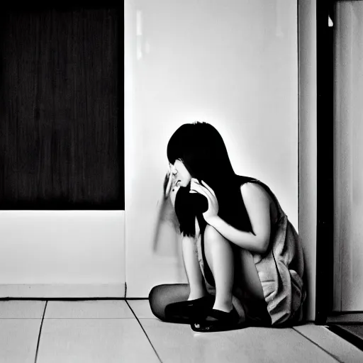 Prompt: sad asian girl alone in an empty room, black and white, award winning, 8k