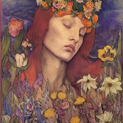 Image similar to flower queen, by annie swynnerton and tino rodriguez and nicholas roerich and jean delville and evelyn de morgan and lucien freud, dramatic lighting, floral tattoos, rich colors, smooth sharp focus, extremely detailed, adolf wolfli