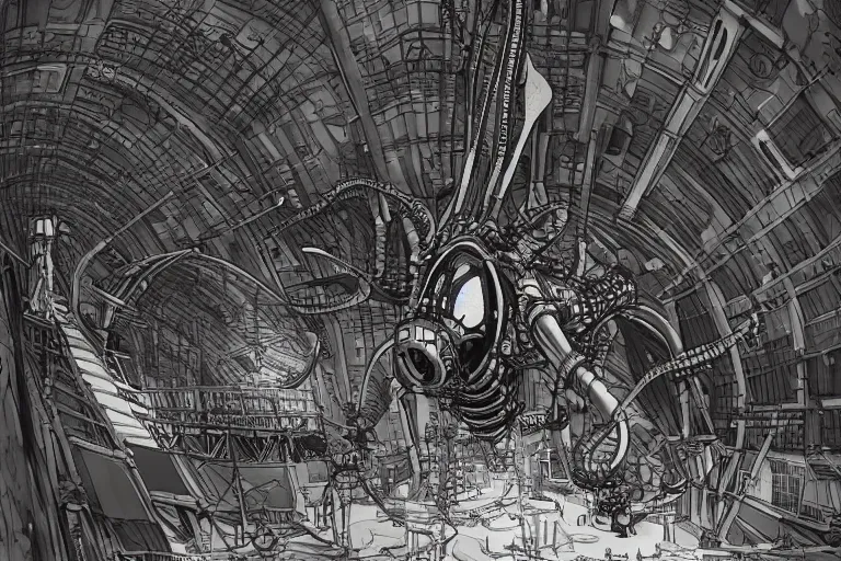 Image similar to dieselpunk huge robotic dragonfly, inside an gigantic underground concrete doom hangar, interior structure, drains, storm drains, jungle, vines, algea, cables, panels, walls, ceiling, floor, doors, brutalist architecture, intricate ink drawing, highly detailed in the style of Ashley Wood, moebius and Tsutomu Nihei, photorealistic, cinematic, intricate detail, well lit,