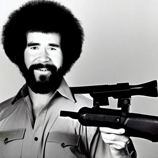Image similar to bob ross holding a china - lake grenade launcher in the vietnam war