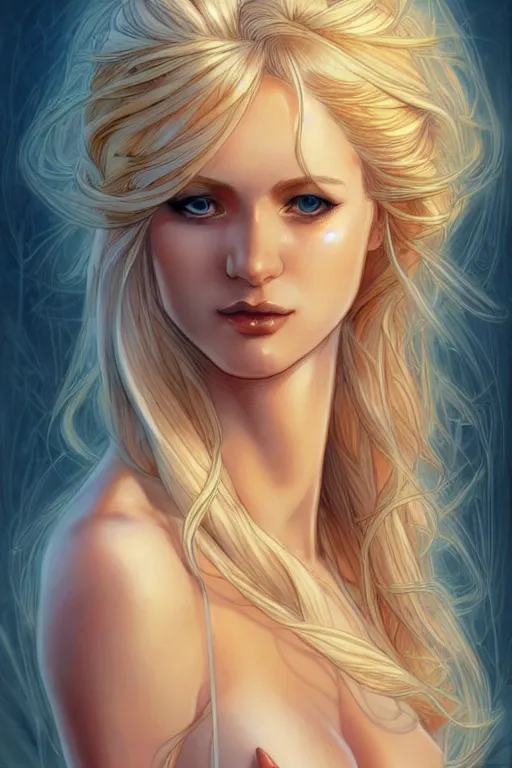 Image similar to a beautiful blond goddess girl, fantasy, portrait, sharp focus, intricate, elegant, digital painting, artstation, matte, highly detailed, concept art, illustration, ambient lighting, art by milo manara