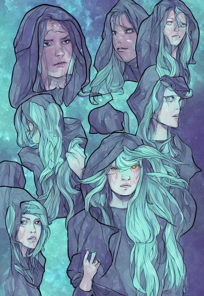 Prompt: eldritch spirit wearing stained glass hoodie, clear sky background, hyperrealistic cell shading ambient occlusion, luminous, concept character sheet, long hair, pastel pallette, detailed eyes, various facial expressions