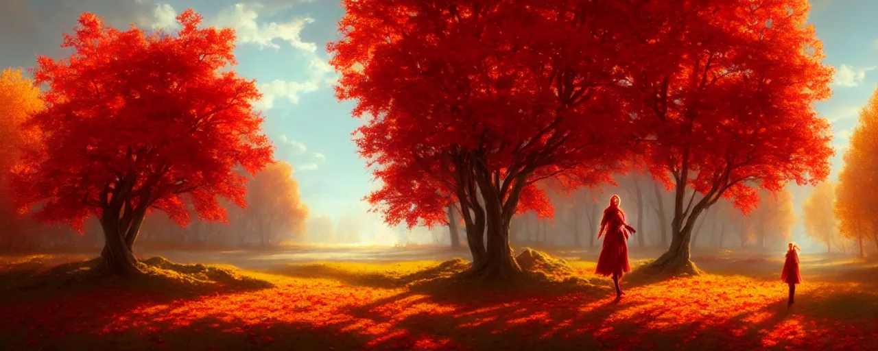 Prompt: autumn landscape with red trees, a girl with with hair becoming autumn red leaves, intricate, dreamy, digital painting, artstation, concept arti, unreal engine 5, 8 k, art by artgerm and greg rutkowski and alphonse mucha