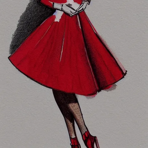 Prompt: a detailed fashion illustration of woman in red dress