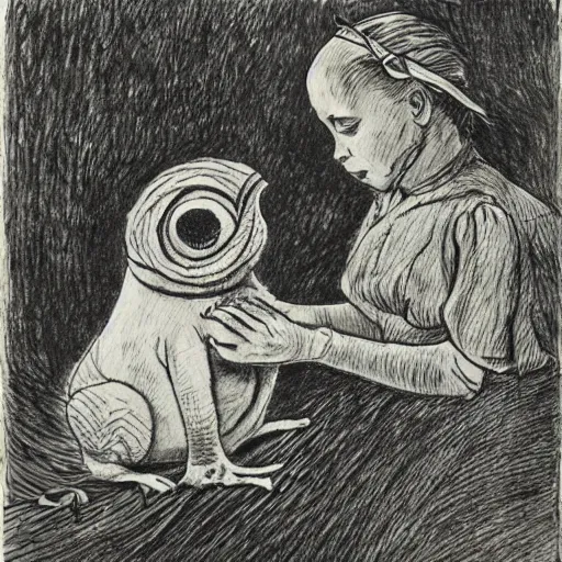 Image similar to julenisse, lavenisse, pepe the frog, by theodor severin kittelsen, kjell aukrust, ink drawing, dip pen