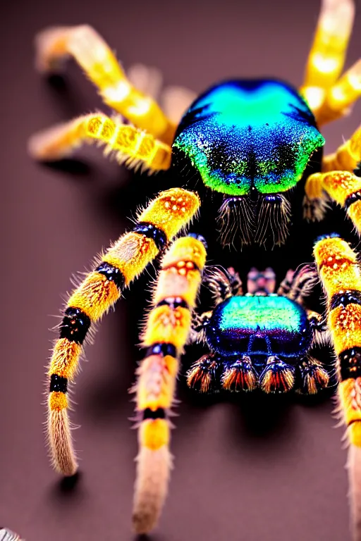 Image similar to high quality macro photo iridescent tarantula! jewelled supercute! highly detailed david ligare elson peter cinematic blue neon lighting high quality low angle hd 8k sharp shallow depth of field