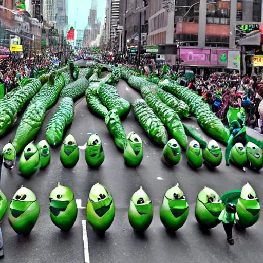 Image similar to a parade of stuffed pickle ricks marching down 5 th ave manhattan on st. patrick's day, 8 k, photo realistic, extremely life like