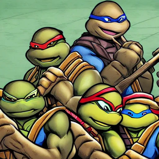 Image similar to digital artwork of Teenage Mutant Ninja Turtles reading the bible, trending on artstation