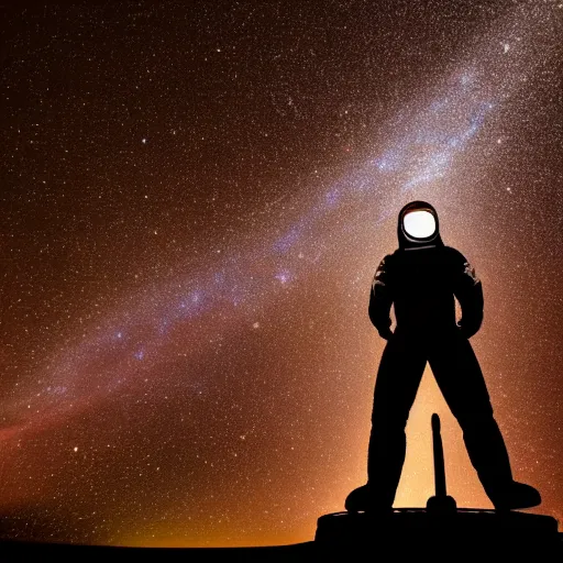 Image similar to astronaut silhouette with arms extended forward, bottom of arms lit by light coming from off camera, light coming from below, starry sky background, lit from below, full body photo,, 8 k