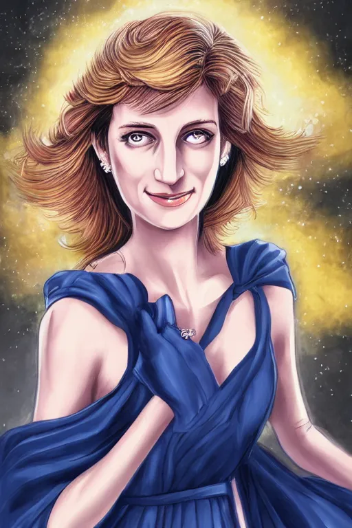 Prompt: illustration of princess diana drawn by mai yoneyama, detailed, dynamic lighting, trending on pixiv, digital art, anime art, detailed face, high saturation,