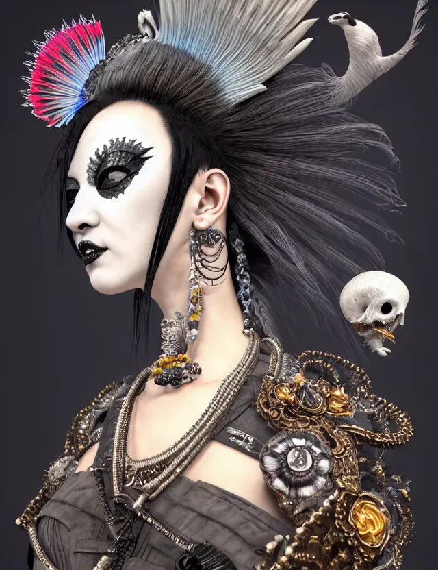 Image similar to 3 d goddess close - up profile portrait punk with mohawk in victorian style with ram skull. beautiful intricately detailed japanese crow kitsune mask and clasical japanese kimono. betta fish, jellyfish phoenix, bio luminescent, plasma, ice, water, wind, creature, artwork by tooth wu and wlop and beeple and greg rutkowski