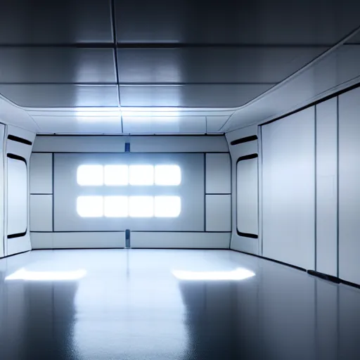 Image similar to a white room 1 2 ft long x 1 0 ft wide x 8 ft tall, geometrically perfect, clean and empty, sci fi spaceship futuristic paneling unreal engine, general studio lighting, 8 k,