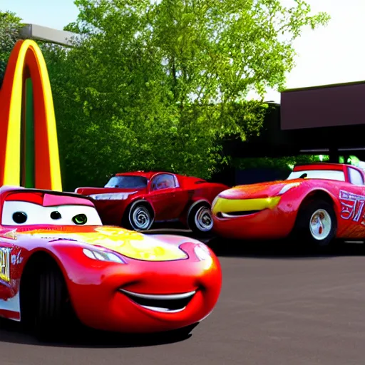 Image similar to photorealistic lightning mcqueen from cars at the mcdonalds drive through, award winning candid photography