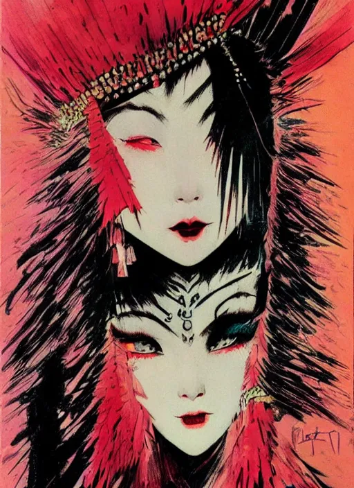 Image similar to svelt female korean vampiress, jeweled headdress, heavy mascara, strong line, saturated color, beautiful! coherent! by frank frazetta, high contrast, minimalism