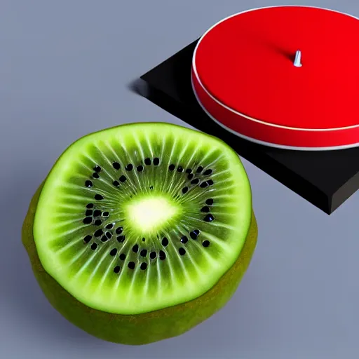 Prompt: a funny turntable with flat circle kiwi slice on top, a low poly render by tim biskup, featured on polycount, computer art, sketchfab, rendered in maya, 4 k, hyperrealistic textures