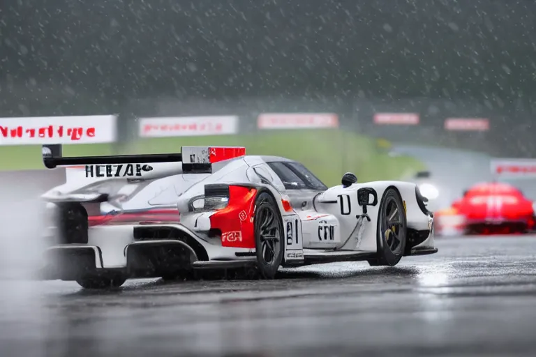 Image similar to beautiful, japanese art of the porsche 9 1 9 in heavy rain at circuit de spa - francorchamps, 8 k