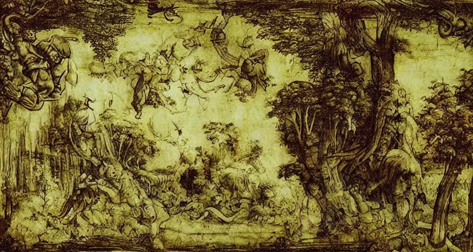 Image similar to Enchanted and magic forest, by Leonardo da vinci