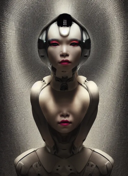 Prompt: portrait of a futuristic geisha cyborg, in the style of ghost in the shell, kintsugi, modern fine art, fractal, intricate, elegant, highly detailed, digital photography, subsurface scattering, by erwin olaf and greg rutkowski,