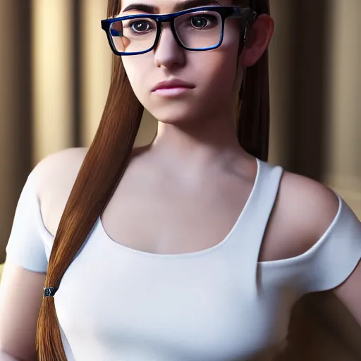 Prompt: an award winning full body portrait of a young woman with twin tails, wearing glasses and a white dress, symmetric and beautiful face, intricate, sharp focus, very detailed, photo taken with Sony a7R, Unreal Engine 5, 8k