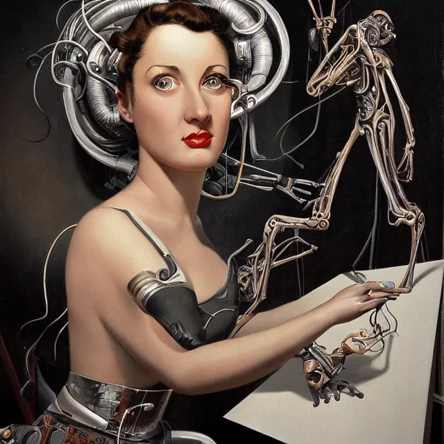 Prompt: biomechanoid artist painting a self - portrait on a canvas. intricate, highly detailed, digital matte painting in the style of gil elvgren and in the style of h. r. giger. irony, recursion, inspiration.