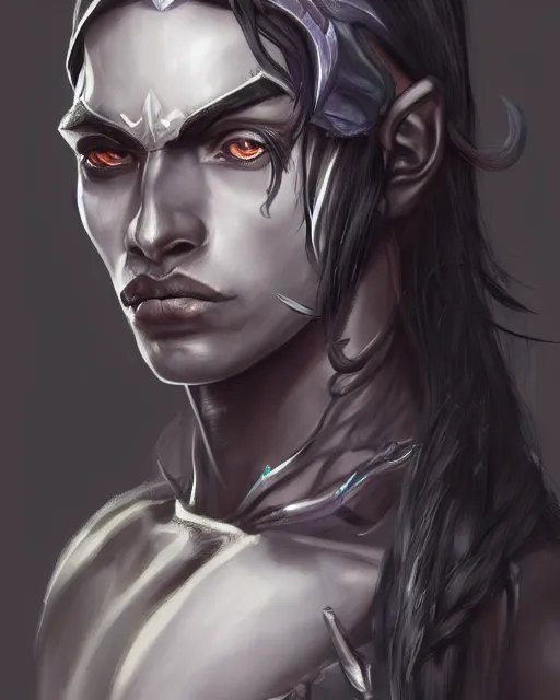 Image similar to portrait of a feminine male dark elf, dark obsidian skin, long hair, fantasy, feminine, elegant, intricate, highly detailed, digital painting, artstation, concept art, sharp focus, illustration