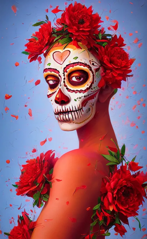 Image similar to a red oil painting hyperrealism of a beautiful woman on a white background, flowers, dia de los muertos makeup, floral headdress, 8 k resolution, octane render, trending on artstation, by gediminas pranckevicius, volumetric light 2 blue fractal thunder glow by dan mumford, anaglyph effect, laurie lipton