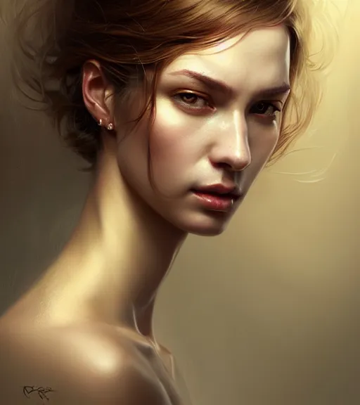 Prompt: portrait of a woman in heightened detail, poised, intense emotion, detailed facial expression, detailed surroundings, intricate, elegant, highly detailed, centered, digital painting, cgsociety, concept art, smooth, sharp focus, illustration, by ( ross tran ), wlop