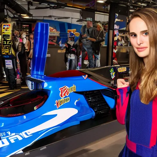 Prompt: photo of Natalie Portman inside video game F-Zero standing next to the Blue Falcon racing machine, fine art photography