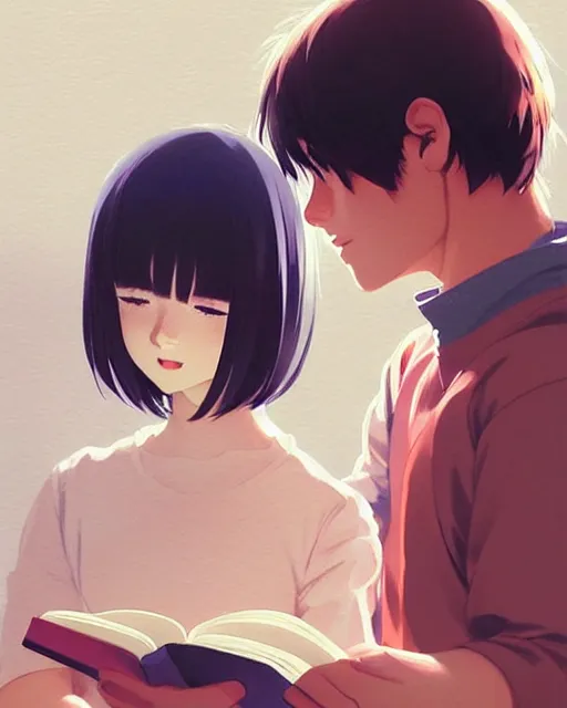 Image similar to cute girl reading book with her boyfriend, shy emotion. | very very anime!!!, fine - face, audrey plaza, realistic shaded perfect face, fine details. anime. very strong realistic shaded lighting poster by ilya kuvshinov katsuhiro otomo ghost, magali villeneuve, artgerm, jeremy lipkin and michael garmash and rob rey