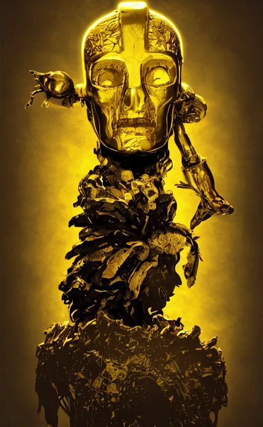 Image similar to golden robed ancient god with a giant bird skullhead, comic book texture, 4 k asymmetrical portrait, frank miller, jamie hewlet, ashley wood, tom lovell, mike mignola, trending on artstation, norman saunders, will eisner, 4 k