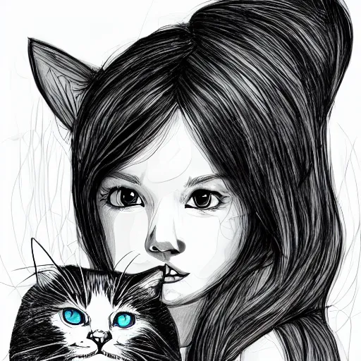 Image similar to sketch black and white hyper detailed cosy home girl and cat