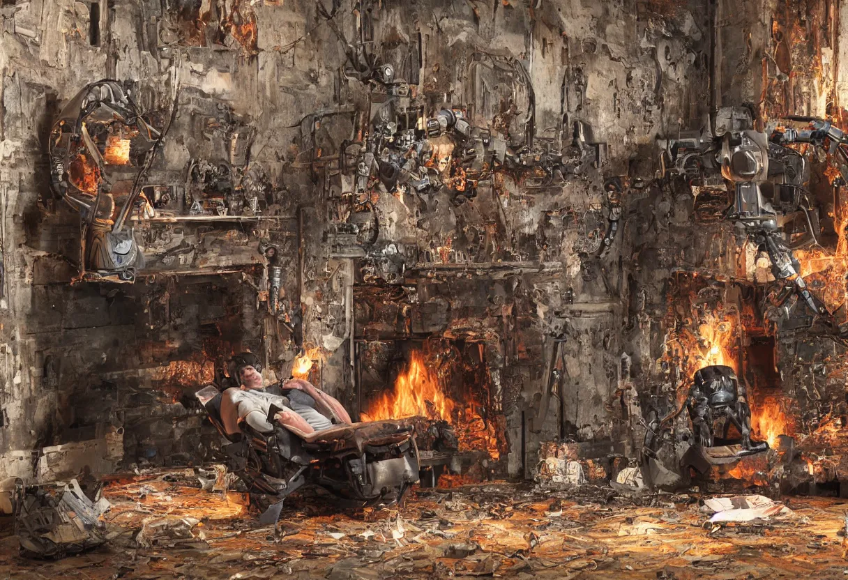 Prompt: Extreme close up photograph of a robot reclining on a tattered recliner in front of a single beautiful fireplace in a Victorian home, by Simon Stalenhag and Gregory Crewdson