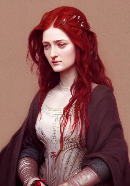 Image similar to portrait of red sansa stark, intricate, elegant, highly detailed, digital painting, artstation, concept art, smooth, sharp focus, illustration, art by artgerm and greg rutkowski and alphonse mucha and william - adolphe bouguereau