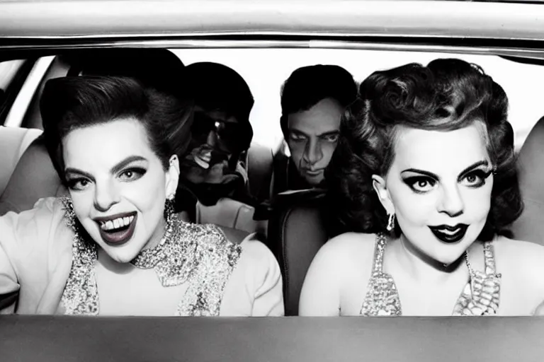 Prompt: lady gaga and judy garland doing carpool karaoke, lady gaga and judy garland, carpool karaoke, lady gaga, judy garland, carpool karaoke