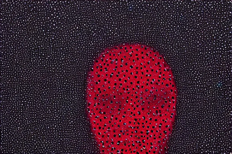 Image similar to face made out of mist, faceless people dark, dots, drip, stipple, pointillism, technical, abstract, minimal, style of francis bacon, asymmetry, pulled apart, cloak, hooded figure, made of dots, abstract, balaclava, red dots