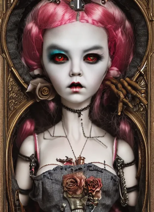 Prompt: highly detailed wide - angle portrait of a retro mechanical goth doll, nicoletta ceccoli, mark ryden, lostfish, earl nore, hyung tae, frank frazetta, global illumination, detailed and intricate environment
