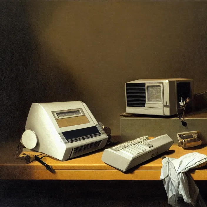 Image similar to still life painting of a retro monitor and a commodore 6 4 by pieter claesz, oil on canvas, strong lighting, highly detailed, hyper realism, golden hour, god rays, hd, 4 k