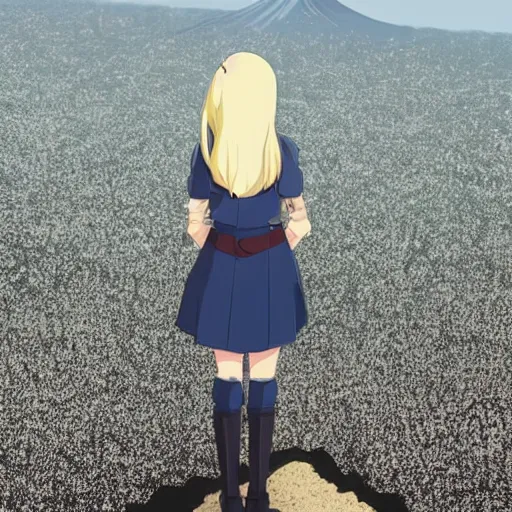 Prompt: a beautiful blond silver hair young woman standing on top of mount fuji in the style of Studio Ghibli and Makoto Shinkai