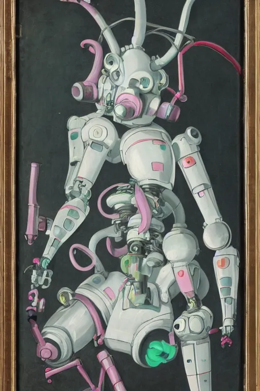 Prompt: a scene with a anime monster that looks like a white plastic industrial robot with fluo colored details covered in pastel colors, studio light, flemish painting