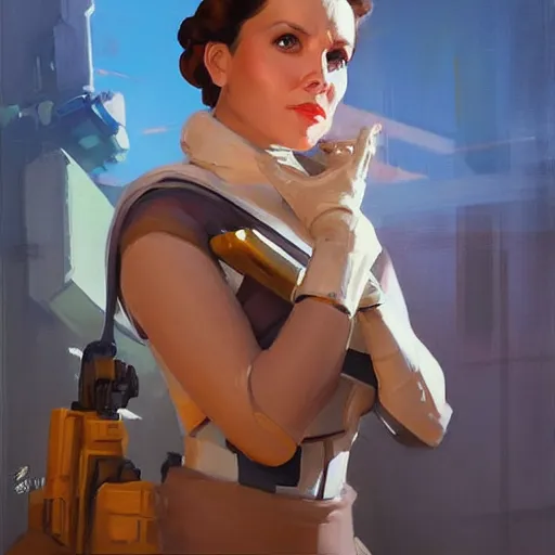 Image similar to greg manchess portrait painting of leia organa as overwatch character, medium shot, asymmetrical, profile picture, organic painting, sunny day, matte painting, bold shapes, hard edges, street art, trending on artstation, by huang guangjian and gil elvgren and sachin teng