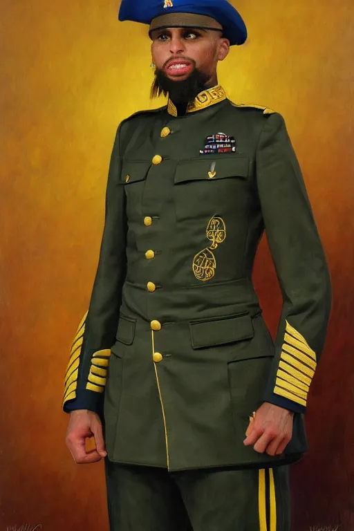 Image similar to full body portrait of the dictator of the golden state warriors, 1 8 8 9, in full military garb, steph curry, oil on canvas by william sidney mount, trending on artstation