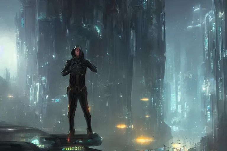 Image similar to a creepy cultist standing in a futuristic city by jessica rossier,