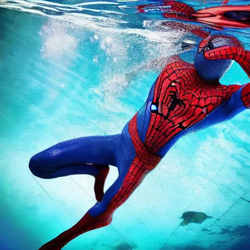 Image similar to underwater shoot photo of Spiderman , high detail , perfect photo