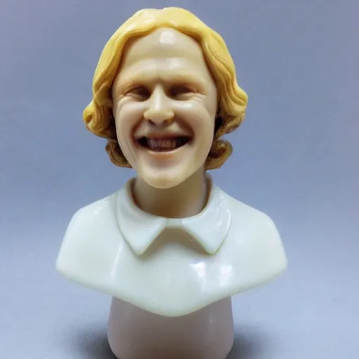 Prompt: Melting porcelain occult wax figure smiling commercial product 70s